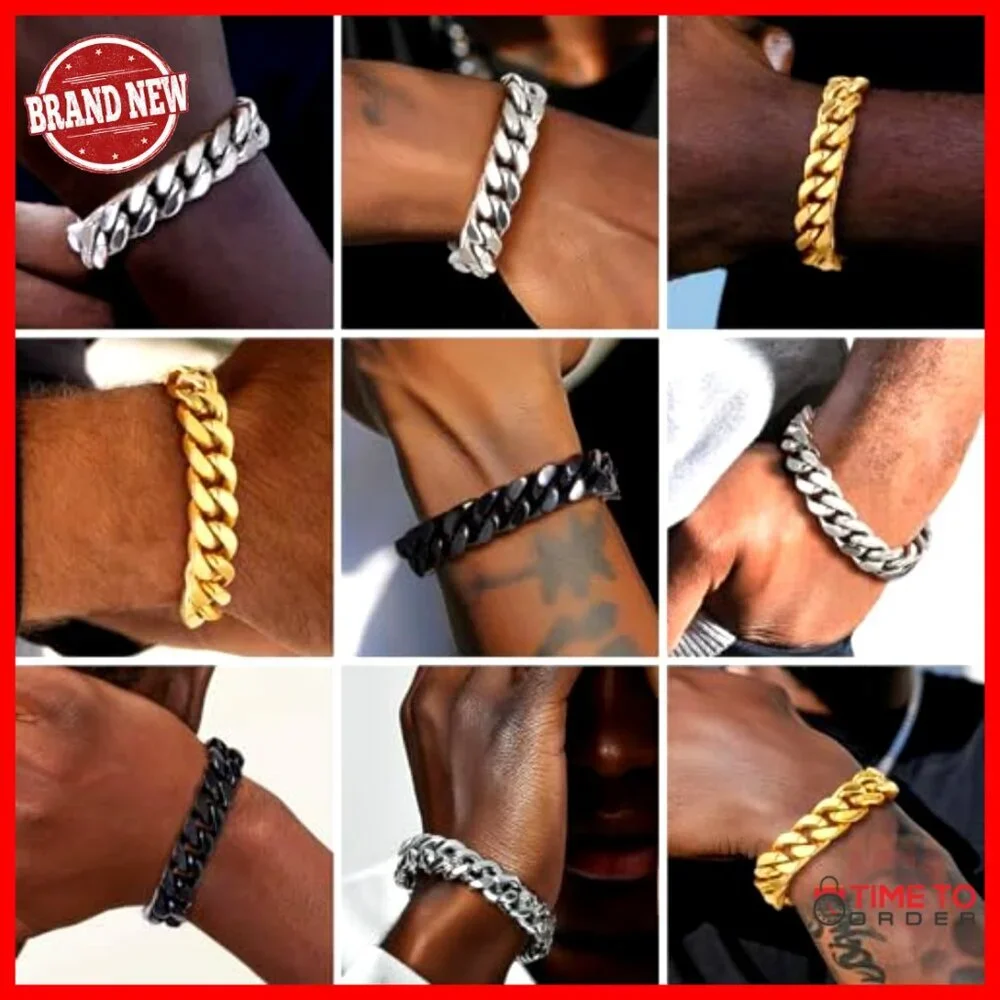 Stainless Steel Cuban Link Bracelet Men's 5mm 7mm 9mm 12mm Width Fold Over Clasp